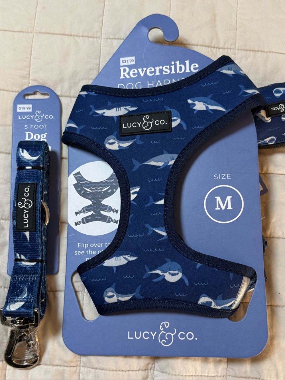 Lucy & Co. Shark Attack Reversible Harness, Leash & Bag Dispenser Set - Size M